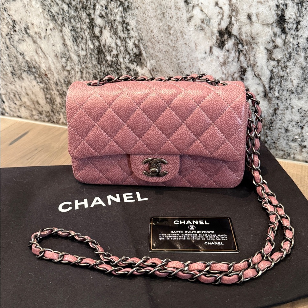 Chanel Caviar Mini Rectangular Flap Bag in Pink with Gunmetal Hardware